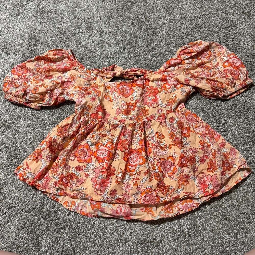 THML Floral Peplum Top with Puff Sleeves and Open Tie Back, Size M